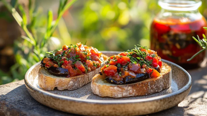 Traditional Romanian Zacusca spread on rustic bread slices with jars in the background.